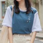 Short-sleeve Contrast Trim Lucky Cat Print T-shirt