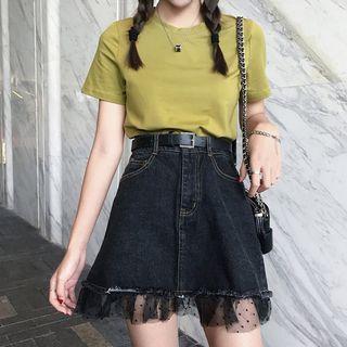 Crew-neck Short-sleeve T-shirt / Mesh Panel Denim Skirt