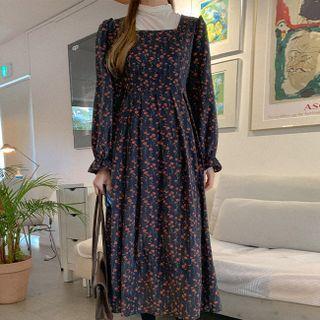 Square-neck Floral Print Corduroy Dress