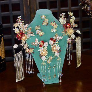 Set Of 8: Rhinestone Headpiece + Clip-on Earring 8pcs - Gold - One Size