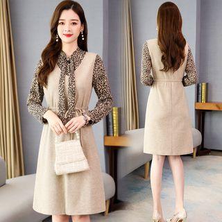 Set: Leopard Print Blouse + Drawstring-waist A-line Pinafore Dress