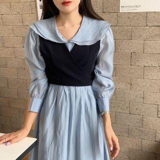 Long-sleeve Sailor Collar Midi A-line Dress / Vest