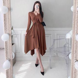Ruched Long-sleeve Asymmetric A-line Midi Dress