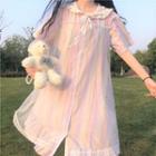 Short-sleeve Color Block Mesh Panel Midi A-line Dress Pink - One Size
