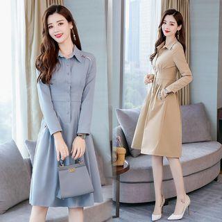 Long Sleeve Plain A-line Shirtdress