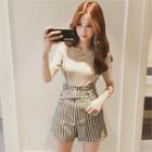 Set: Short-sleeve T-shirt + Wide-leg Checker Suspender Shorts