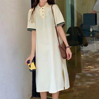 Elbow-sleeve Striped Trim Midi Polo Dress