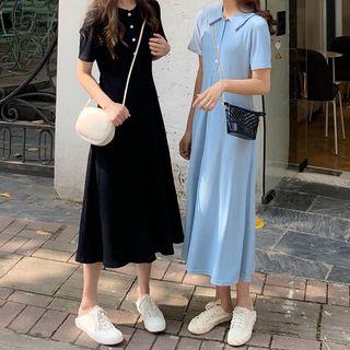 Short-sleeve Polo Neck A-line Midi Knit Dress