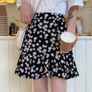 Ruffle Hem Floral A-line Skirt Black - One Size