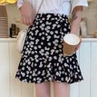 Ruffle Hem Floral A-line Skirt Black - One Size
