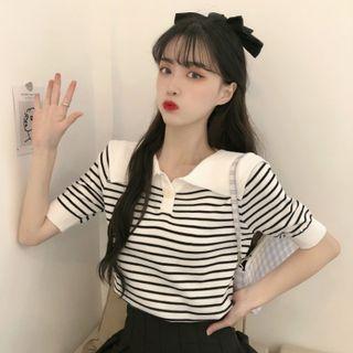 Short-sleeve Striped Wide Collar Polo Knit Top