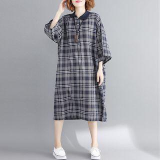 3/4-sleeve Plaid Midi Collared Dress