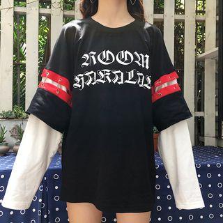Lettering Mock Two Piece Long Sleeve T-shirt