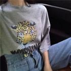 Leopard Print Loose-fit T-shirt Gray - One Size