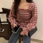 Square-neck Plaid Long-sleeve Top Red - One Size