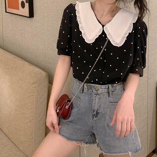 Frill-trim Contrast Collar Short Sleeve Dotted Shirt