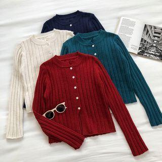 Plain Single-breasted Crewneck Long-sleeve Rib-knit Top