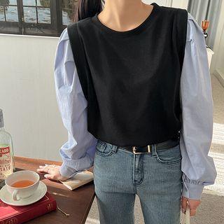 Plus Size Contrast Puff-sleeve Ribbed Top
