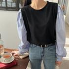Plus Size Contrast Puff-sleeve Ribbed Top