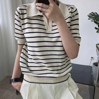 V-neck Striped Knit Polo Shirt