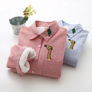Giraffe-embroidered Striped Fleece-lined Shirt