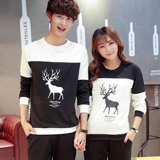 Couple Matching Deer Printed Colour Block Pullover