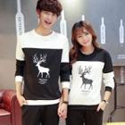 Couple Matching Deer Printed Colour Block Pullover