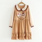 Frilled Trim Peter Pan-collar Embroidered Dress Coffee - One Size
