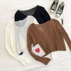 Plain Rib-knit V-neck Long-sleeve Top