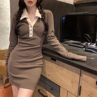 Long-sleeve Knit Mini Sheath Polo Dress Coffee - One Size
