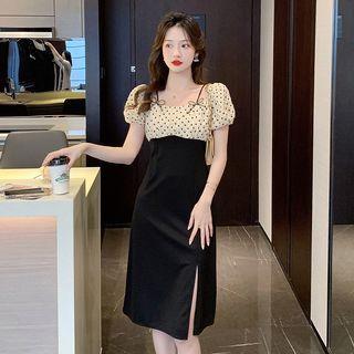 Mock Two-piece Puff-sleeve Dotted Panel Dress