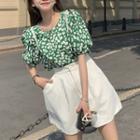 Puff-sleeve Floral Blouse / Wide-leg Shorts