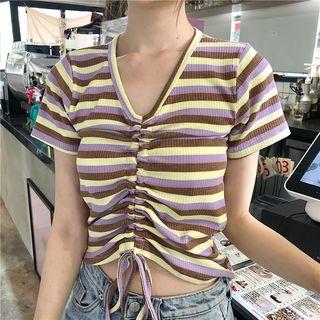 Striped Drawstring Short Sleeve Top