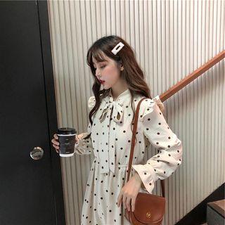 Bell-sleeve Midi Dotted A-line Dress Almond - One Size