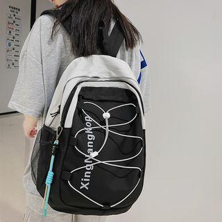 Lettering Two-tone Drawstring Nylon Backpack