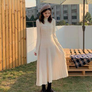 Long-sleeve Mock-neck Knit Top / Spaghetti Strap Knit Midi A-line Dress