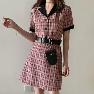 Short-sleeve Plaid A-line Mini Shirtdress / Belt With Pouch / Harness Belt