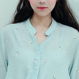 Mandarin-collar Embroidered Linen Blend Blouse