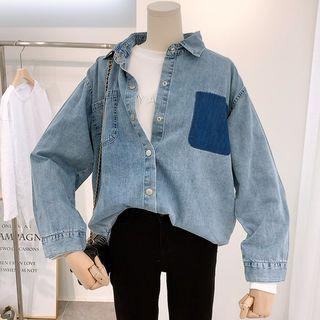 Pocket-detailed Denim Shirt Light Blue - One Size
