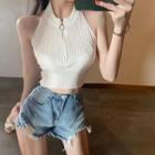 Half-zip Halter-neck Cropped Top