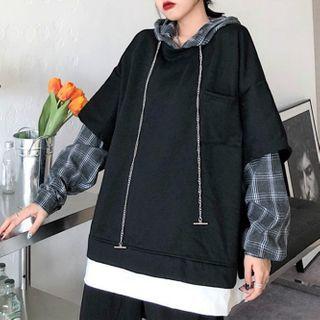 Mock Two Piece Loose Fit Long-sleeve Plaid Hoodie