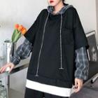 Mock Two Piece Loose Fit Long-sleeve Plaid Hoodie