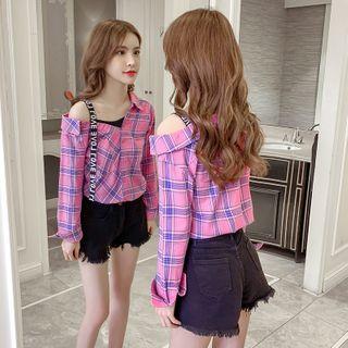 Long-sleeve Asymmetric Shoulder Plaid Shirt