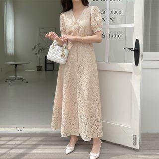 V-neck Button-up Maxi Lace Dress