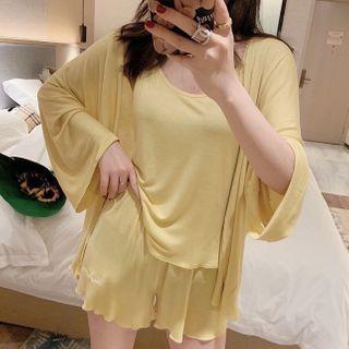 Loungewear Set: Camisole Top + Shorts + Open-front Jacket + Pouch