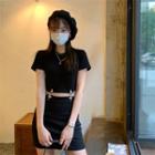 Set: Short-sleeve Cropped Garter Clip T-shirt + Mini Pencil Skirt Black - One Size