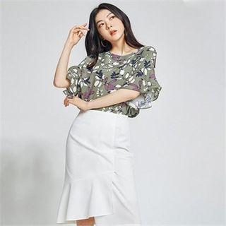 Ruffle-sleeve Floral Print Top Green - One Size