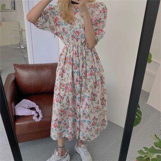 Puff-sleeve Floral Print Midi A-line Dress Pink Floral - White - One Size