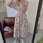 Puff-sleeve Floral Print Midi A-line Dress Pink Floral - White - One Size