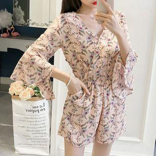 Print V-neck 3/4-sleeve Playsuit